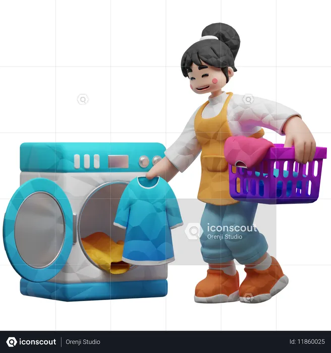 Girl Taking Clothes Out Of Washing Machine  3D Illustration