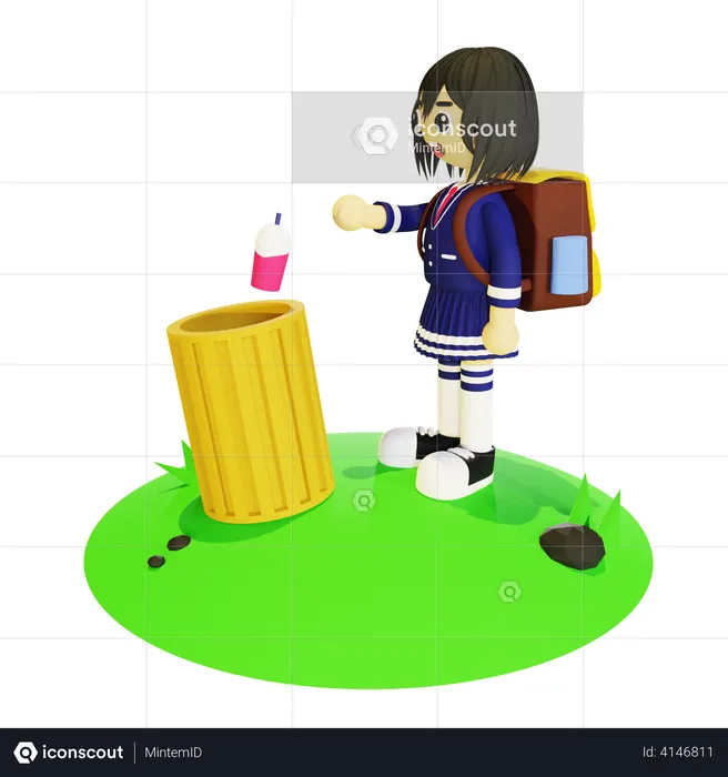 Girl throwing garbage in bin  3D Illustration