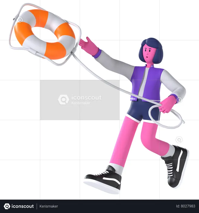 Girl throwing lifebuoy for safety  3D Illustration