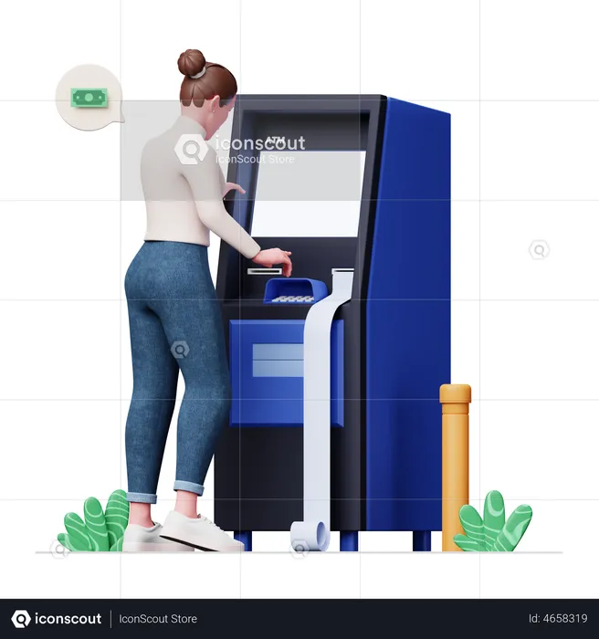 Girl Using ATM  3D Illustration