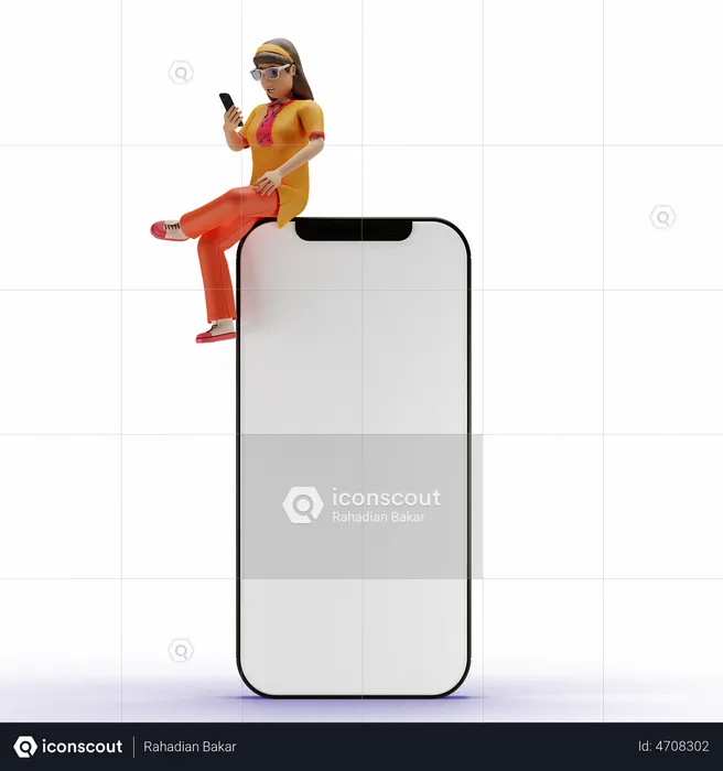 Girl using mobile while seating on big phone  3D Illustration