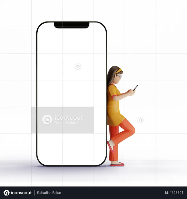 Girl using mobile while standing behind big mobile  3D Illustration