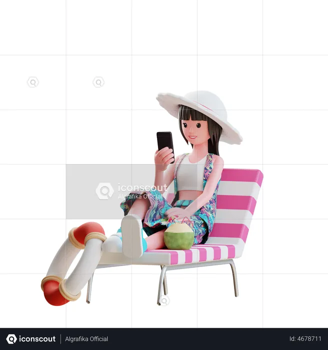 Girl Using Smartphone On Beach  3D Illustration