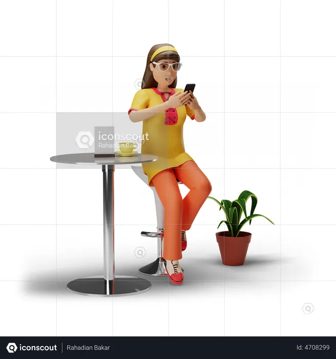 Girl Using smartphone while seating on table  3D Illustration