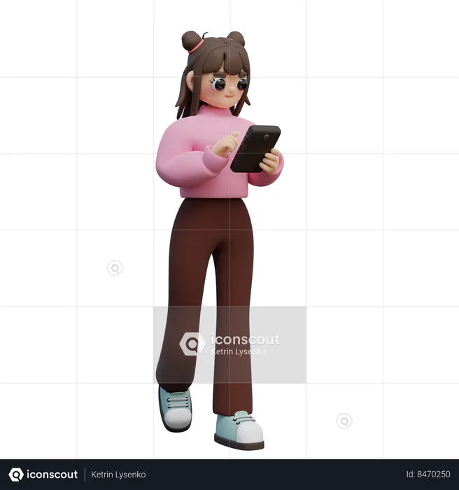 Girl Walking And Look At Smartphone  3D Illustration