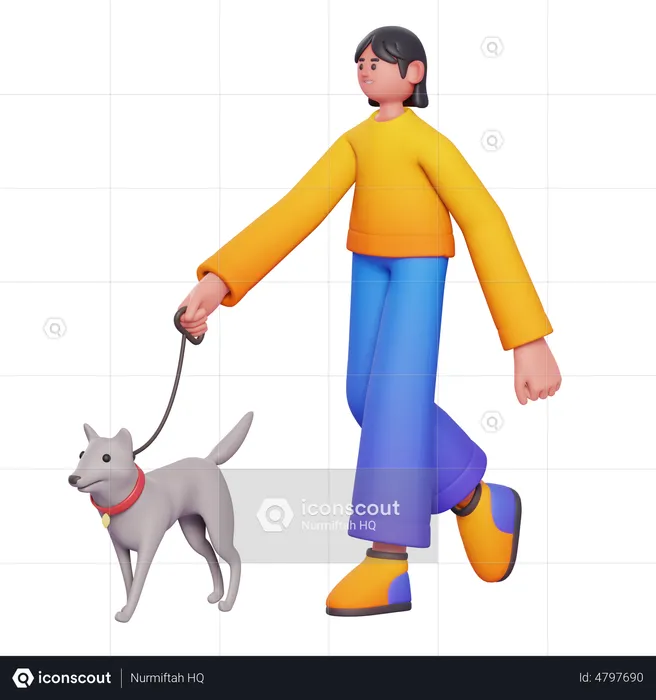 Girl Walking Dog  3D Illustration