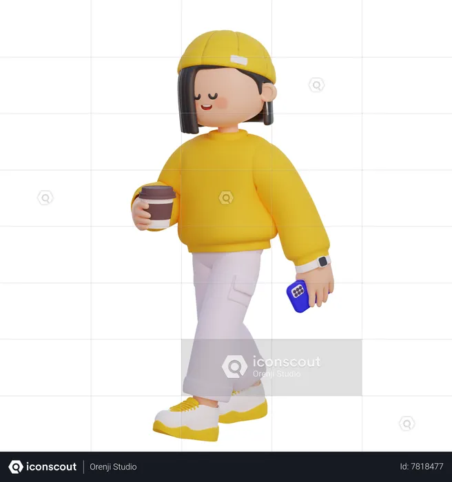 Girl Walking While Holing A Coffee And Her Phone  3D Illustration
