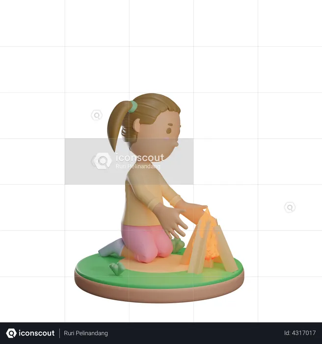 Girl warming body in the bonfire  3D Illustration