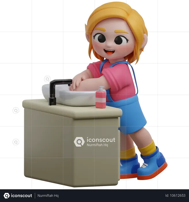 Girl Washes Hands Sink  3D Illustration