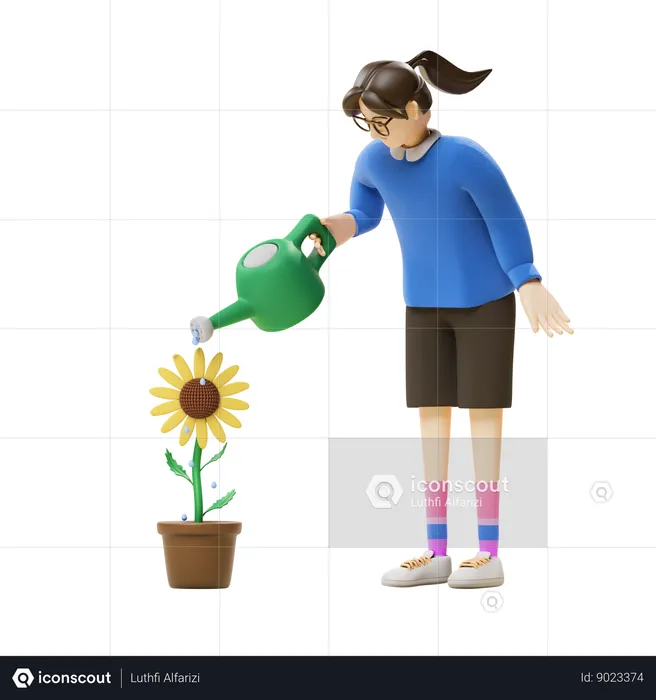 Girl Watering Flower  3D Illustration