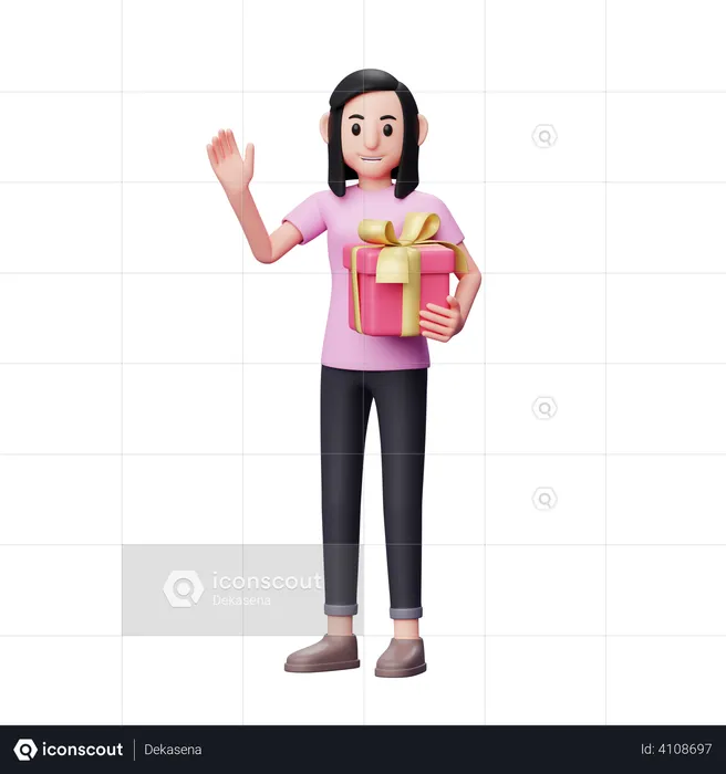 Girl waving say hi and holding a pink gift  3D Illustration