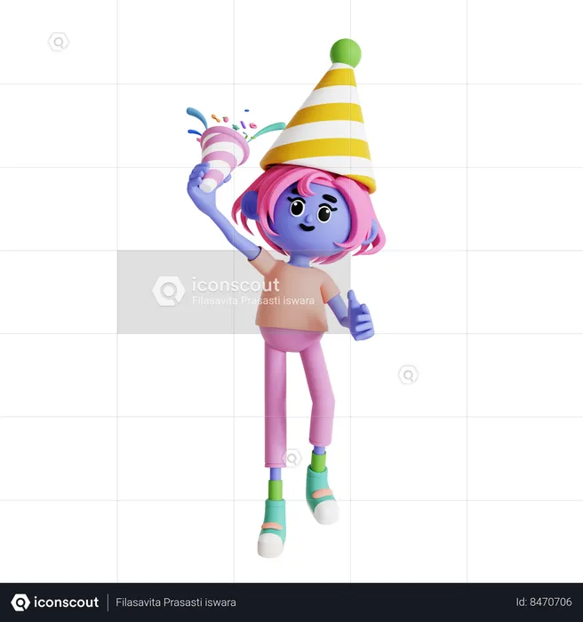 Girl wearing a cap and popping confetti at party  3D Illustration