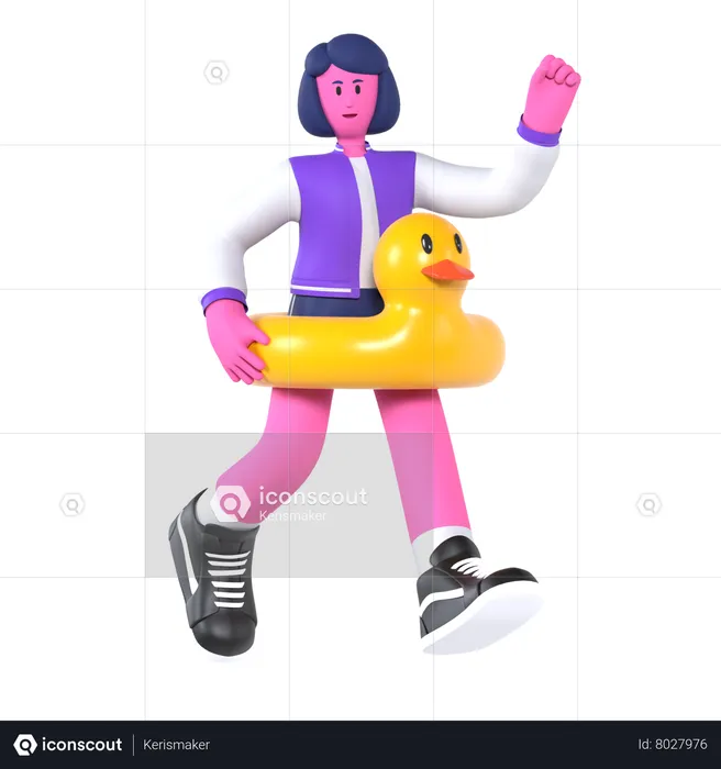 Girl wearing rubber duck pool ring  3D Illustration
