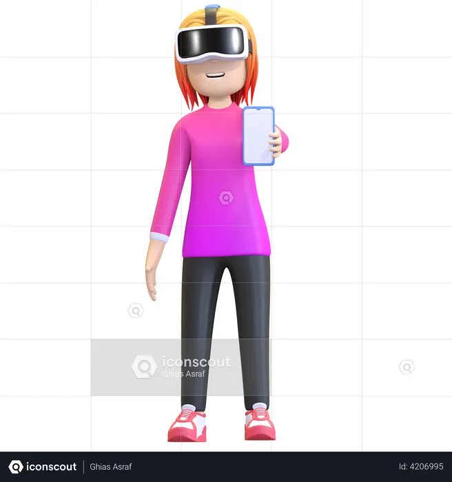Girl wearing virtual reality headset and holding smartphone  3D Illustration