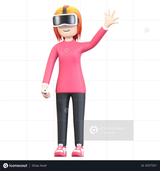 Girl wearing virtual reality headset and waving hand  3D Illustration