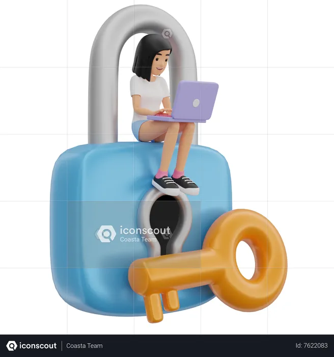 Girl with laptop lock  3D Illustration