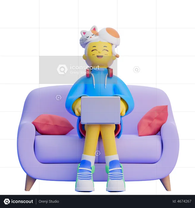Girl With Laptop On Sofa  3D Illustration