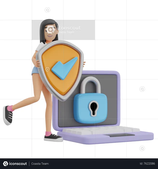Girl with secure laptop  3D Illustration