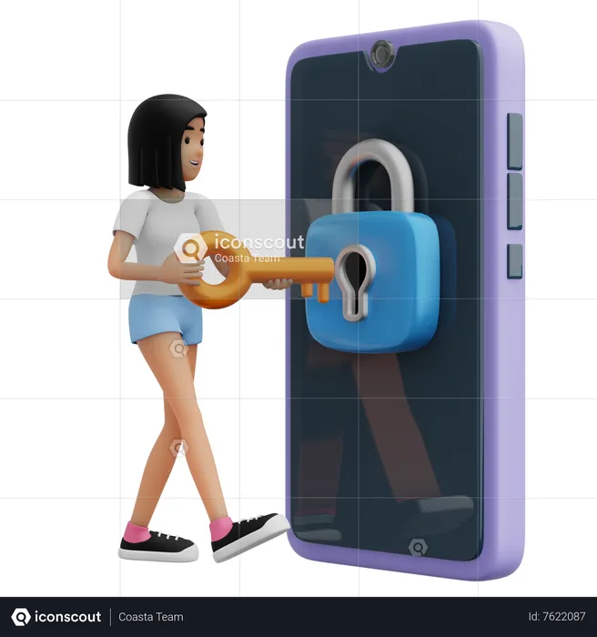 Girl with secure mobile  3D Illustration
