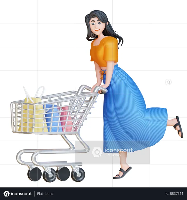 Girl With Shopping Cart  3D Illustration