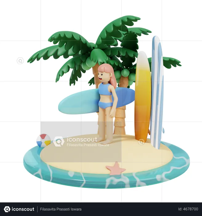 Girl With Surf Board  3D Illustration