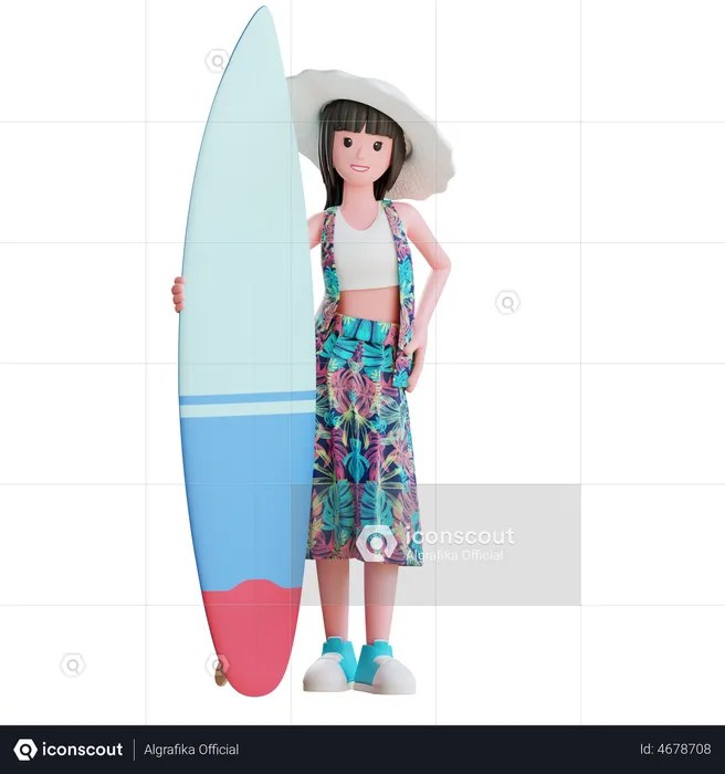 Girl With Surf Board  3D Illustration