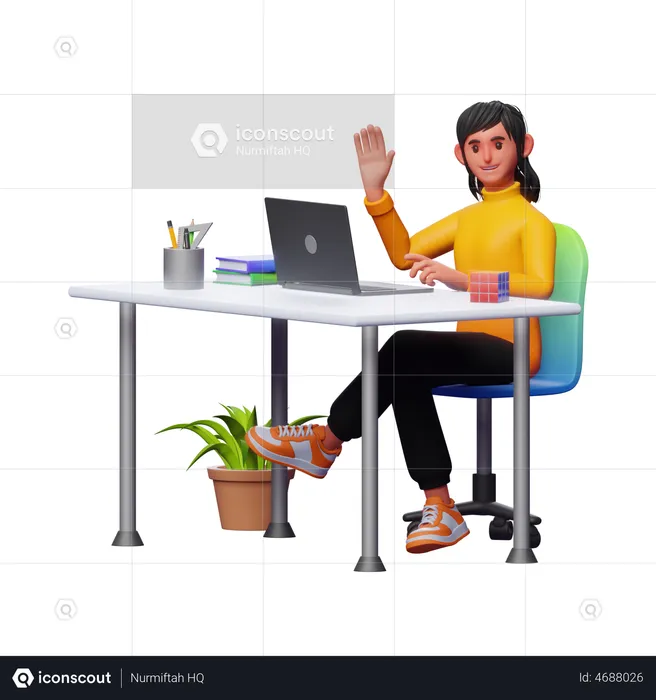 Girl Working At Office  3D Illustration