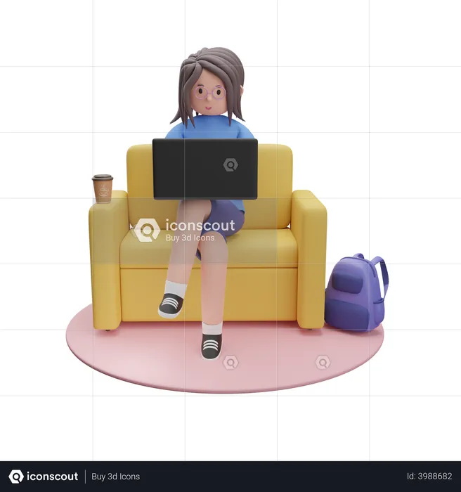 Girl Working On Laptop  3D Illustration
