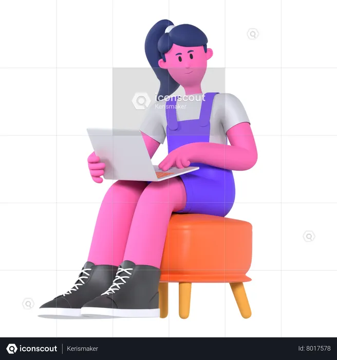 Girl Working On Laptop  3D Illustration