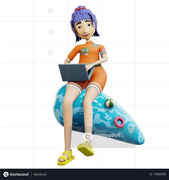 Girl working on vacation  3D Illustration