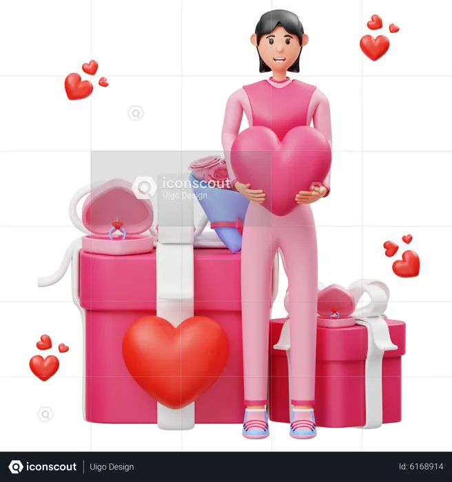 Girls standing while holding heart in hand and celebrate valentine's day  3D Illustration
