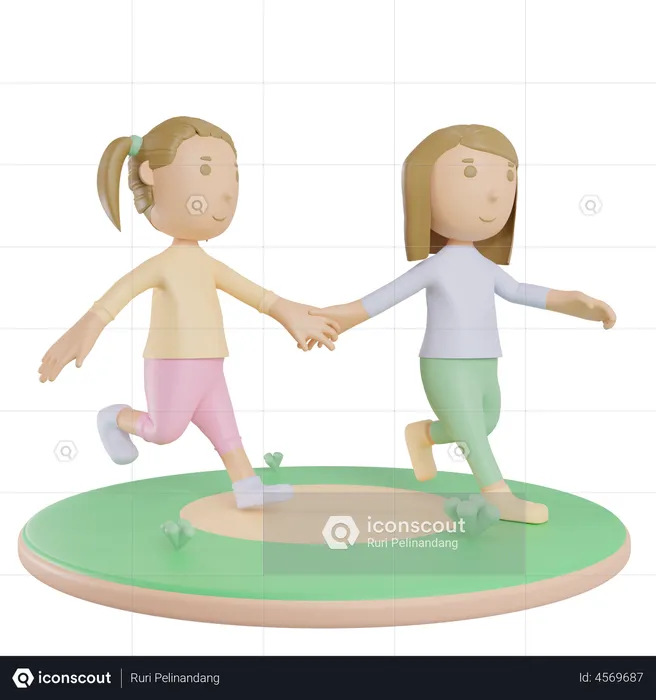 Girls Walking In Park  3D Illustration