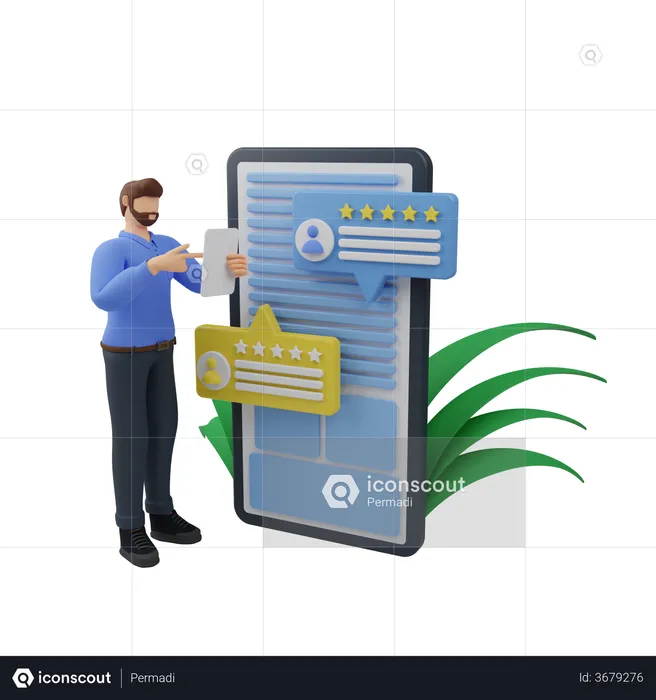 Giving feedback and rating from mobile phone  3D Illustration