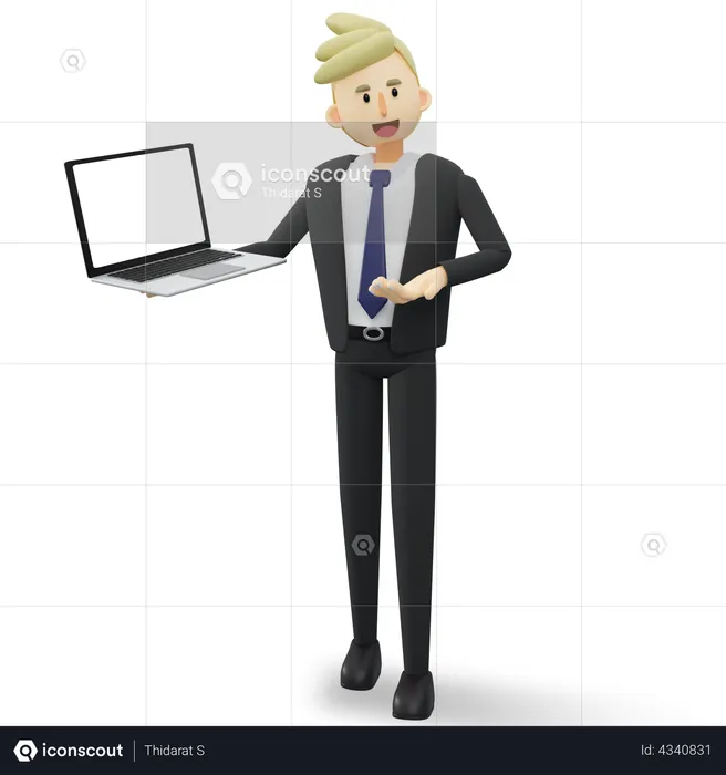 Glücklicher Geschäftsmann präsentiert sein Projekt auf dem Laptop  3D Illustration