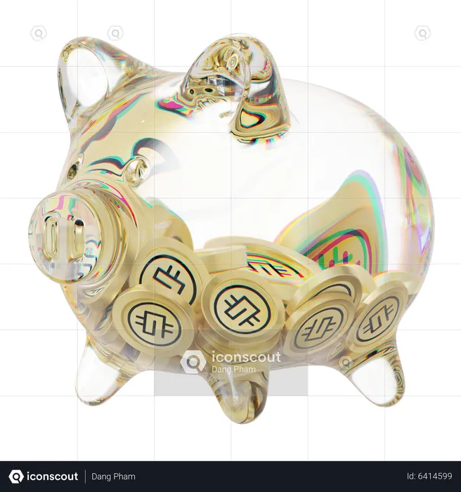 Gmt Clear Glass Piggy Bank With Decreasing Piles Of Crypto Coins  3D Icon