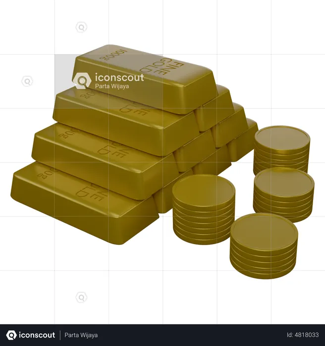 Gold Bricks And Coins  3D Icon