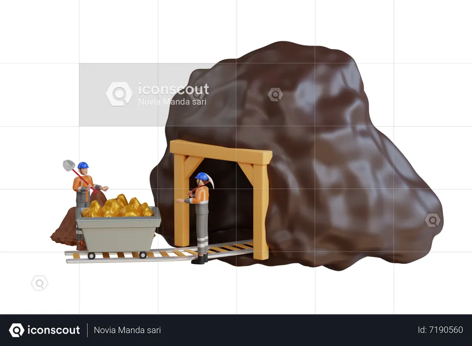 Gold mine entrance gate with mine trolley loaded with gold  3D Illustration