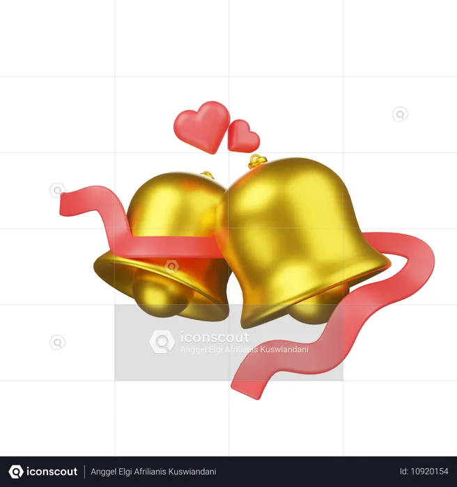 Gold Wedding Bells With Hearts And Ribbon  3D Icon