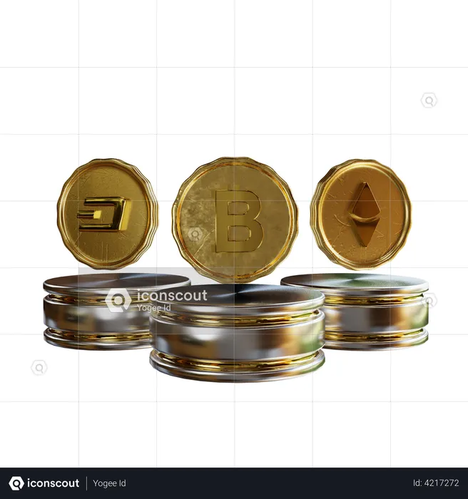 Golden crypto coins with podium  3D Illustration