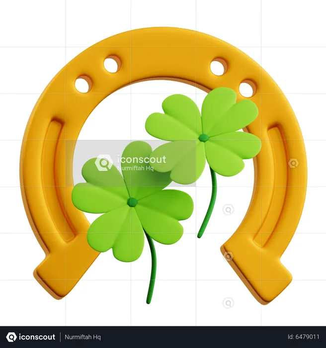 Golden Horseshoes With Clover Leaves  3D Icon