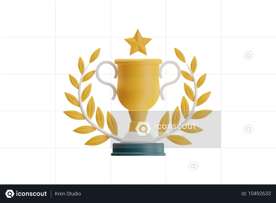 Golden Trophy With Laurel Wreath And Star  3D Icon