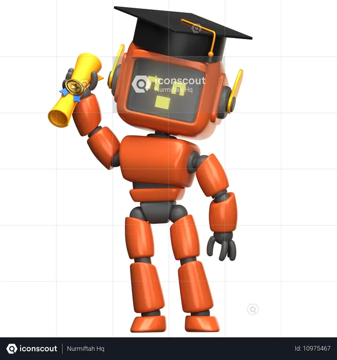 Graduado robot naranja con diploma  3D Illustration