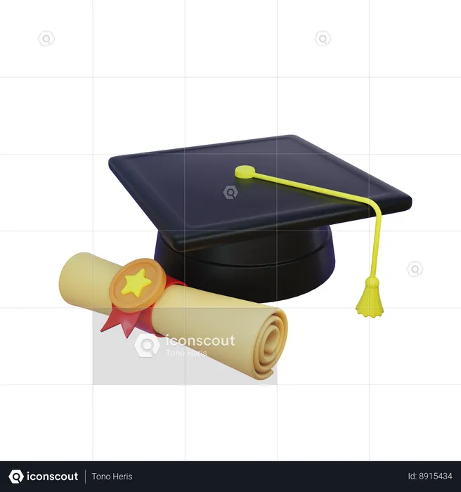 Graduation hat with certificate  3D Icon