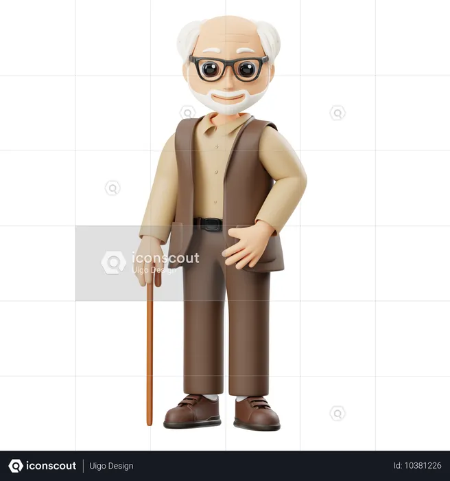 Grandfather Holding A Stick  3D Illustration