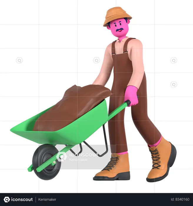 Agricultor empujando carretilla  3D Icon
