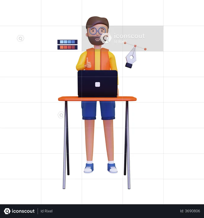 Graphic designer at work using laptop  3D Illustration