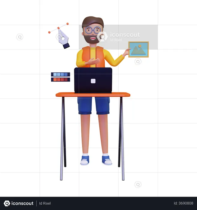 Graphic designer showing his work  3D Illustration