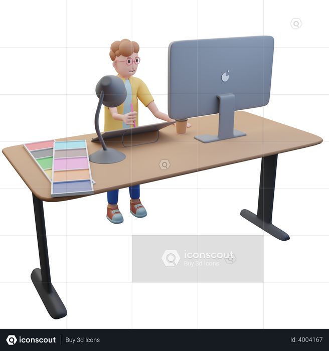 Graphic Designer Working in his office 3D Illustration