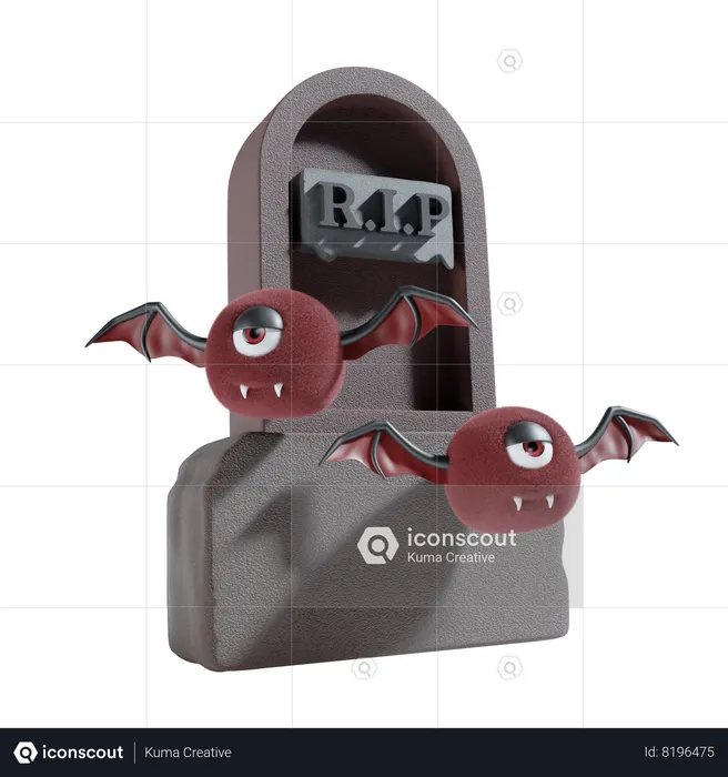 Gravestone With Halloween Bat  3D Icon