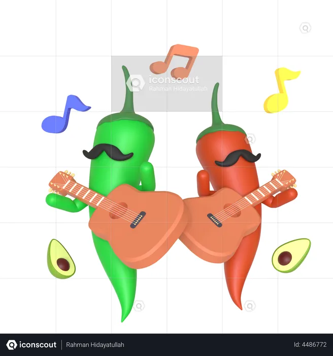 Green and red chili pepper playing guitar  3D Illustration